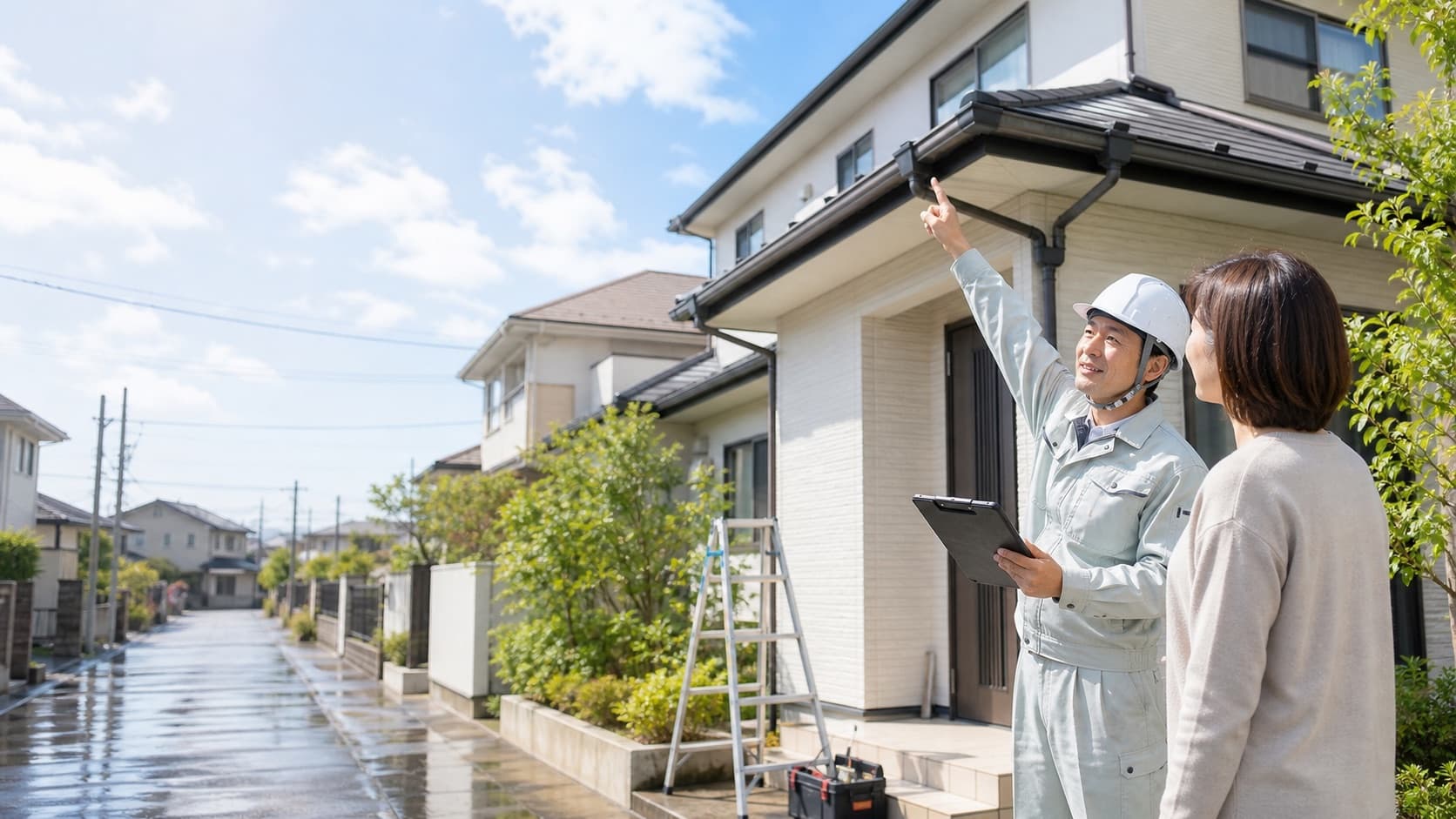 住宅の雨漏り箇所を説明するスタッフ